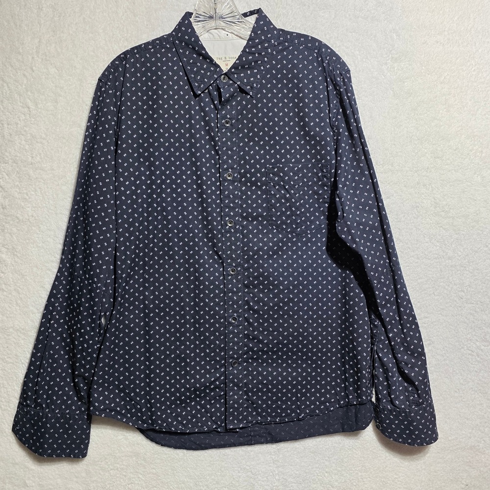 Rag & Bone Men's Navy Blue Geometric Micro Print Long Sleeve Button Down Shirt M